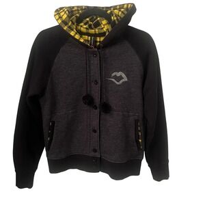 Married To The Mob MTTM Grey Black Button Up Hoodie.Plaid Lined. Womens Medium